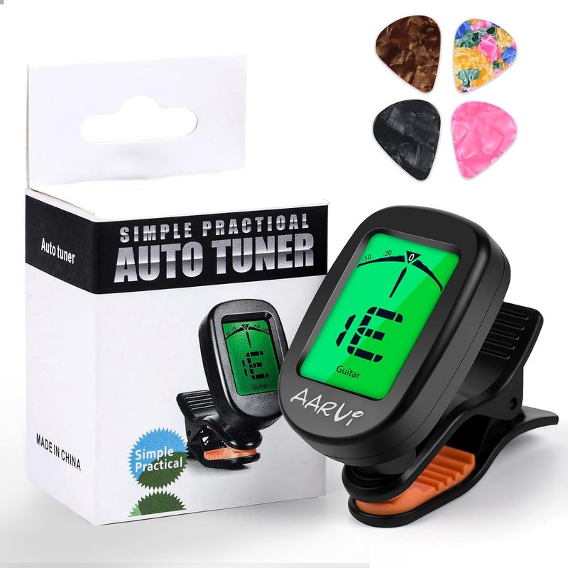 Aarvi Clip On Guitar Tuner for All Instruments, Acoustic/Electric Guitar, Ukulele, Bass, Violin, Banjo, Large Clear LCD Display for Guitar Tuning, Chromatic Tuner, 4 Pack Guitar Picks Included - Image 1